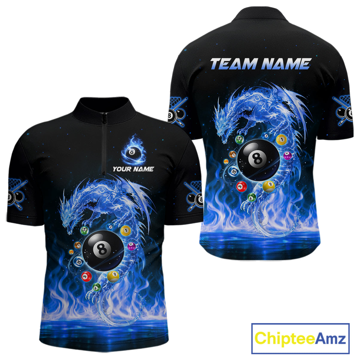 Fire Flame Dragon Pool 8 Ball Men's Billiard Shirt Custom Billiard Team League Attire|Blue NYN2557