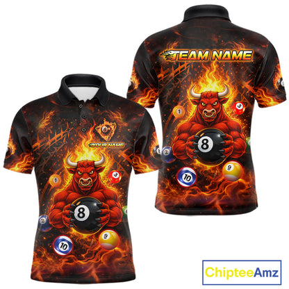 Fire Flame Funny Bull Plays Pool Ball Billiard Shirt For Men Custom 8 Ball Billiard Team Attire NYN2565