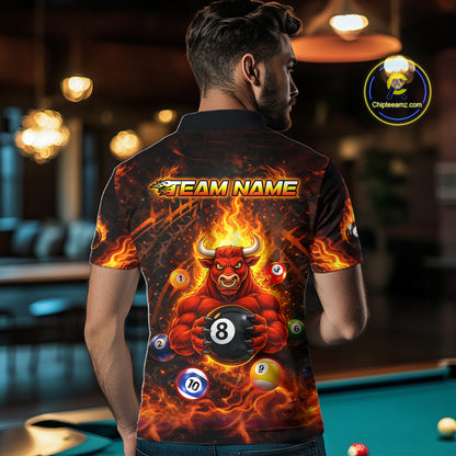 Fire Flame Funny Bull Plays Pool Ball Billiard Shirt For Men Custom 8 Ball Billiard Team Attire NYN2565