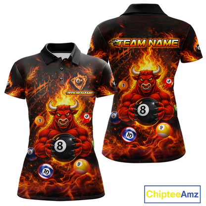 Fire Flame Funny Bull Plays Pool Ball Billiard Shirt For Women Custom 8 Ball Billiard Team Attire NYN2565