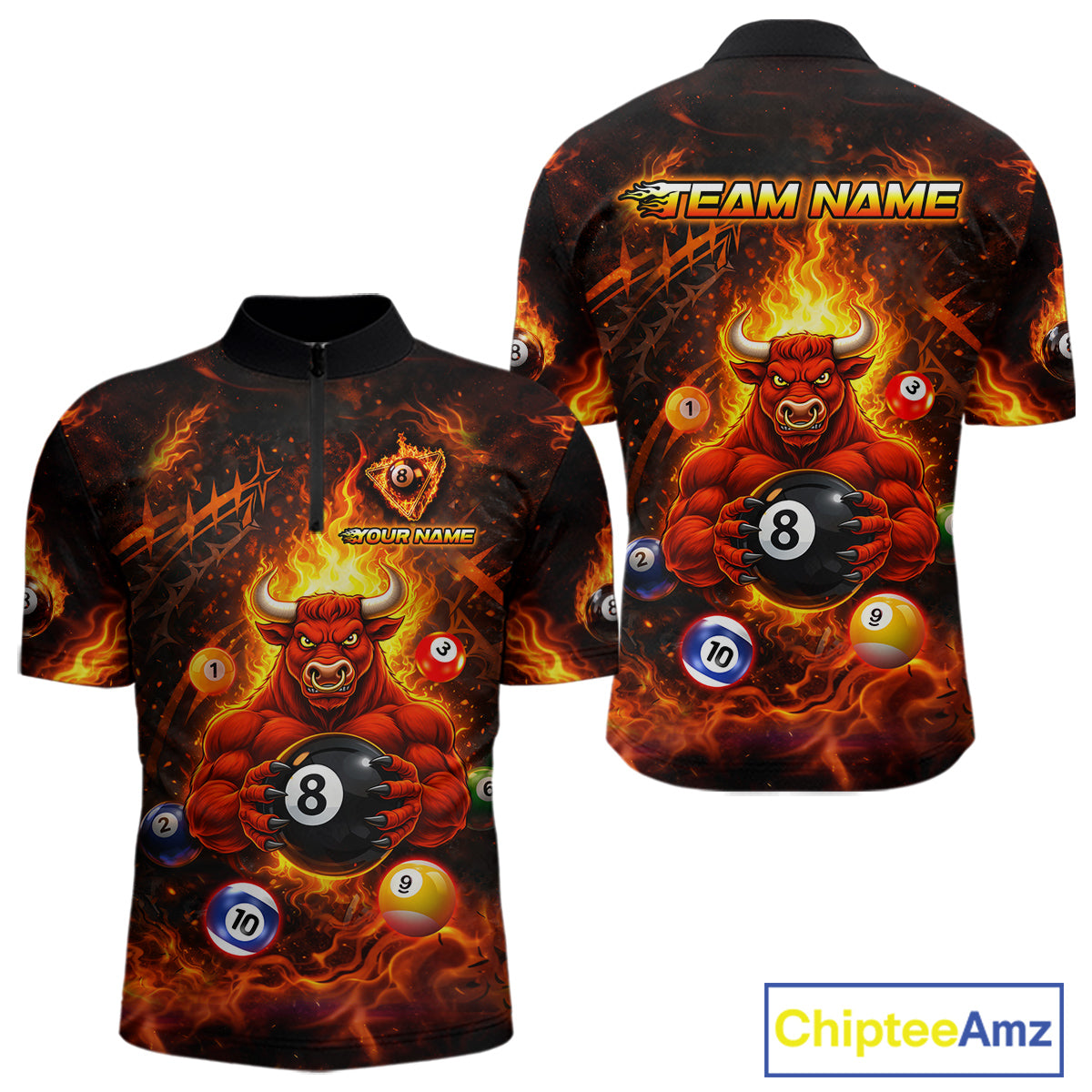 Fire Flame Funny Bull Plays Pool Ball Billiard Shirt For Men Custom 8 Ball Billiard Team Attire NYN2565