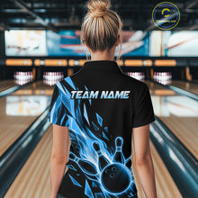 Load image into Gallery viewer, Female bowler wearing Fire Flame Bowling Ball And Pins blue broken glass bowling jersey custom team apparel