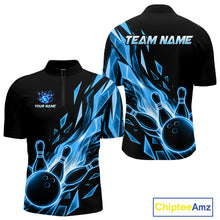 Load image into Gallery viewer, Fire Flame Bowling Ball And Pins Bowling Quarter-Zip Shirt For Men Custom Blue Broken Glass Bowling Jersey