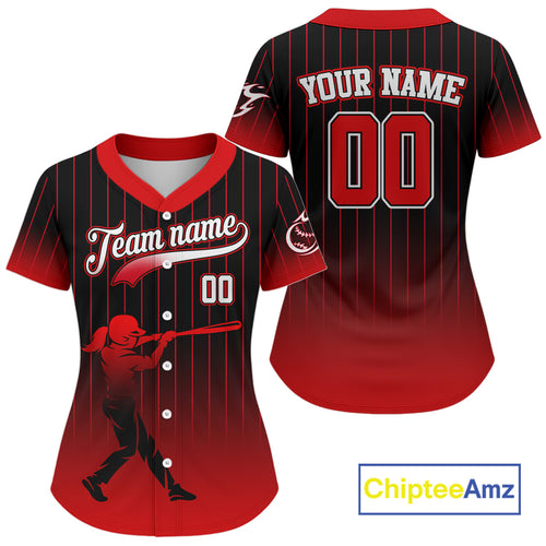 Red Classic Pinstripe Baseball Jersey Custom Team Name & Number For Women | Game Day Gear NYN0814