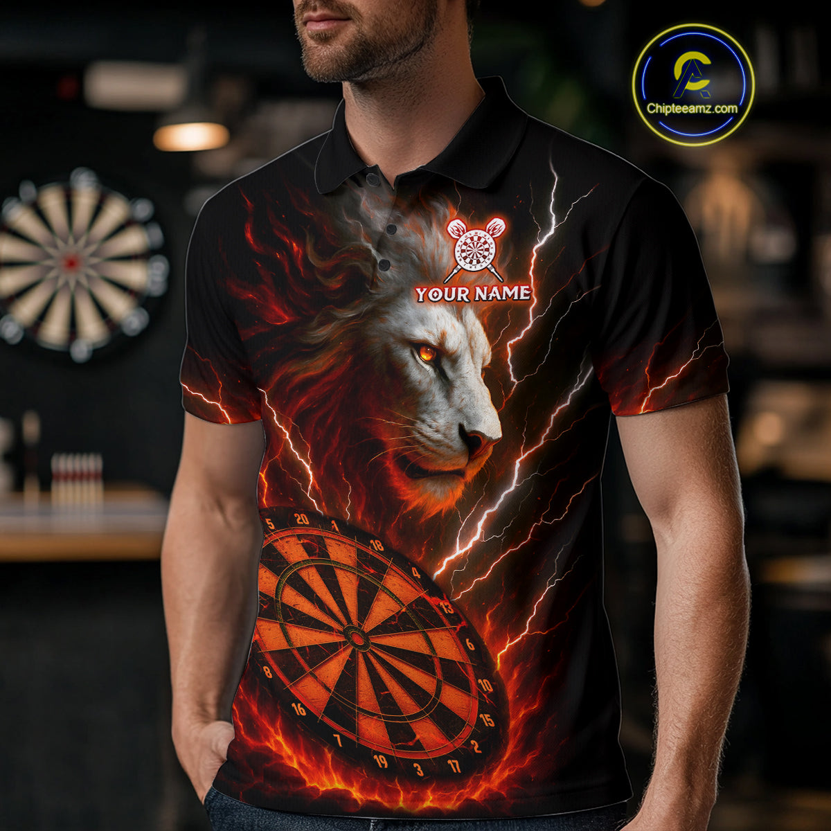 Red Custom Men Darts Shirt With Lion Personalized Lightning Dartboard Dart Jerseys NYN1219
