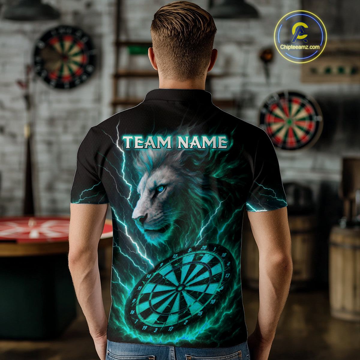 Turquoise Custom Men Darts Shirt With Lion Personalized Lightning Dartboard Dart Jerseys NYN1221