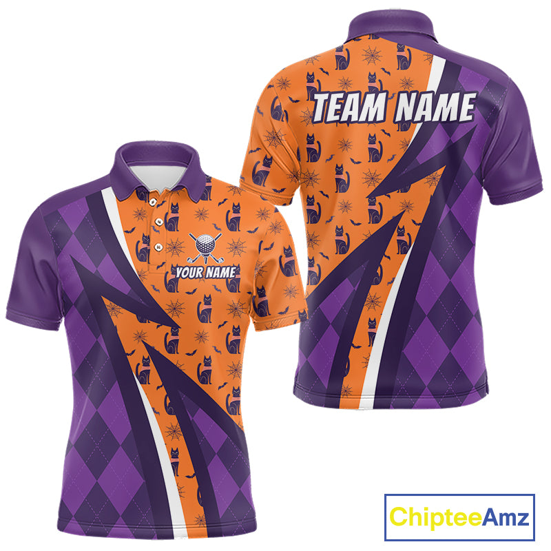 Mens Cat Halloween Golf Polo Shirts Custom Name Purple Argyle Pattern Golf Team Attire NYN4230