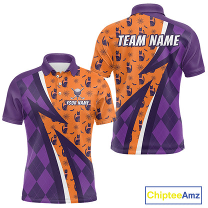 Mens Cat Halloween Golf Polo Shirts Custom Name Purple Argyle Pattern Golf Team Attire NYN4230