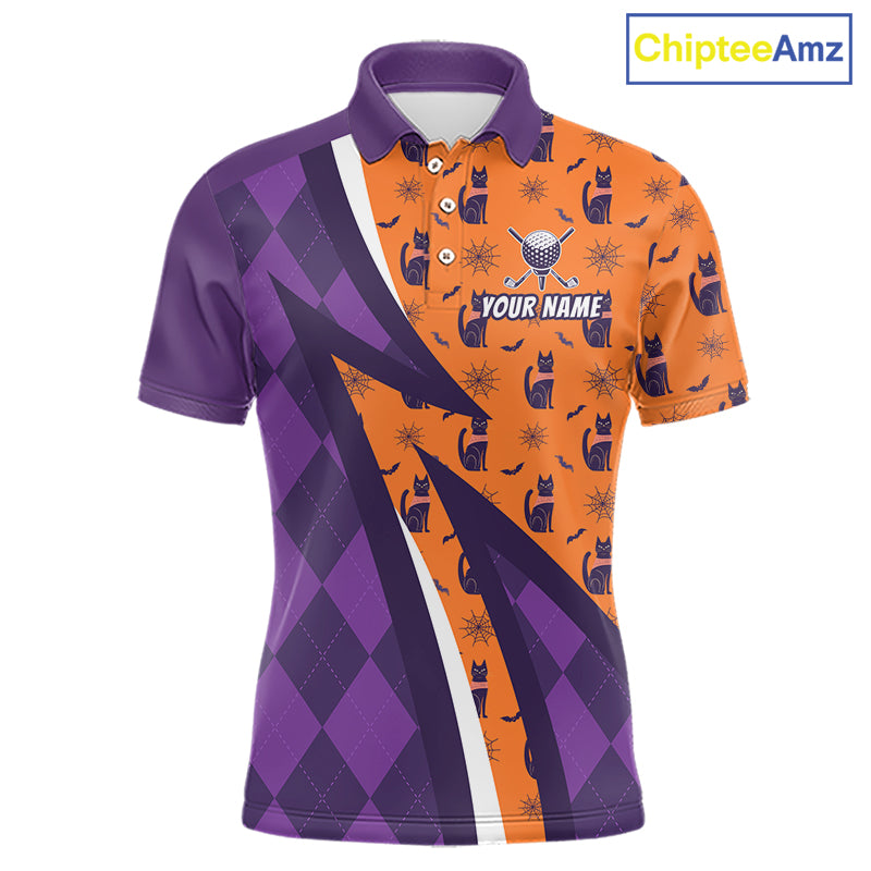 Mens Cat Halloween Golf Polo Shirts Custom Name Purple Argyle Pattern Golf Team Attire NYN4230