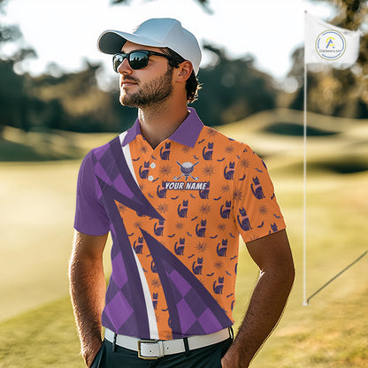 Mens Cat Halloween Golf Polo Shirts Custom Name Purple Argyle Pattern Golf Team Attire NYN4230