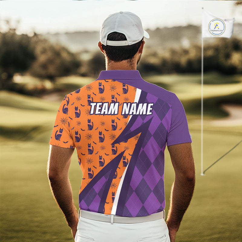 Mens Cat Halloween Golf Polo Shirts Custom Name Purple Argyle Pattern Golf Team Attire NYN4230