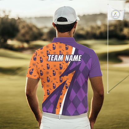Mens Cat Halloween Golf Polo Shirts Custom Name Purple Argyle Pattern Golf Team Attire NYN4230