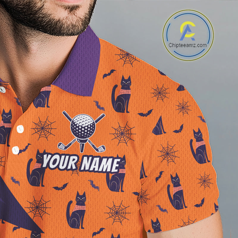 Mens Cat Halloween Golf Polo Shirts Custom Name Purple Argyle Pattern Golf Team Attire NYN4230