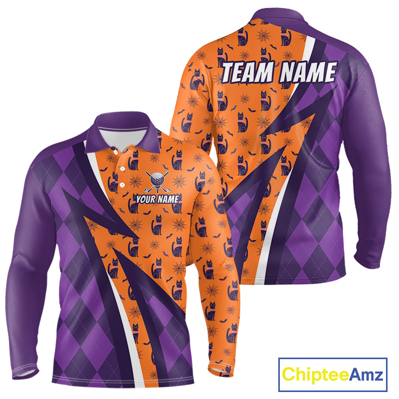 Mens Cat Halloween Golf Polo Shirts Custom Name Purple Argyle Pattern Golf Team Attire NYN4230