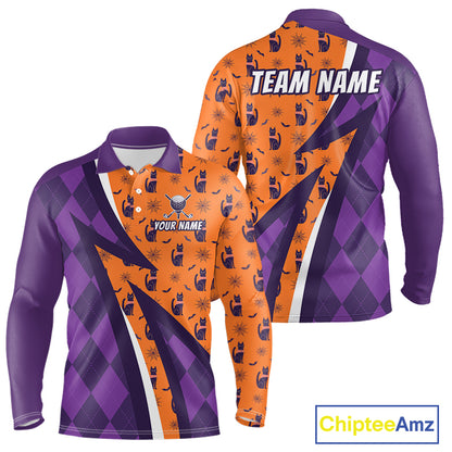 Mens Cat Halloween Golf Polo Shirts Custom Name Purple Argyle Pattern Golf Team Attire NYN4230
