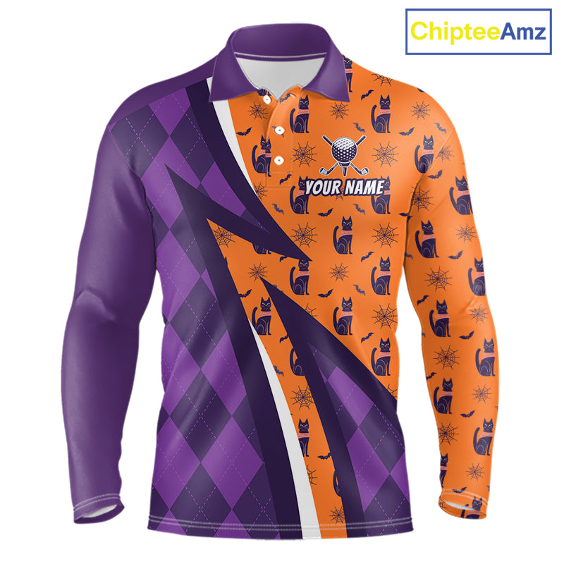 Mens Cat Halloween Golf Polo Shirts Custom Name Purple Argyle Pattern Golf Team Attire NYN4230