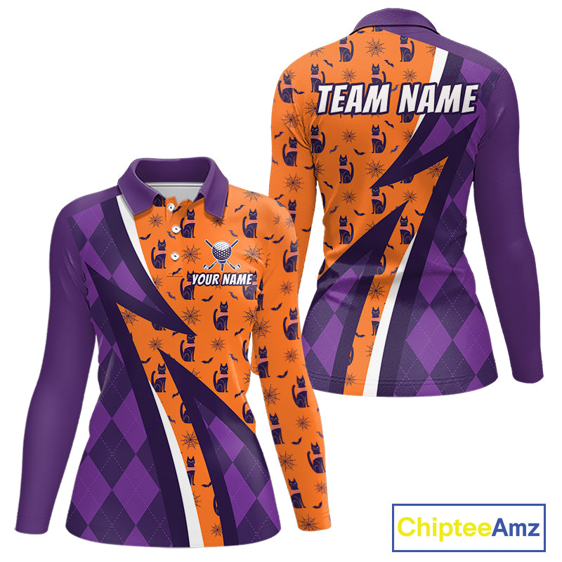 Womens Cat Halloween Golf Polo Shirts Custom Name Purple Argyle Pattern Golf Team Attire NYN4230