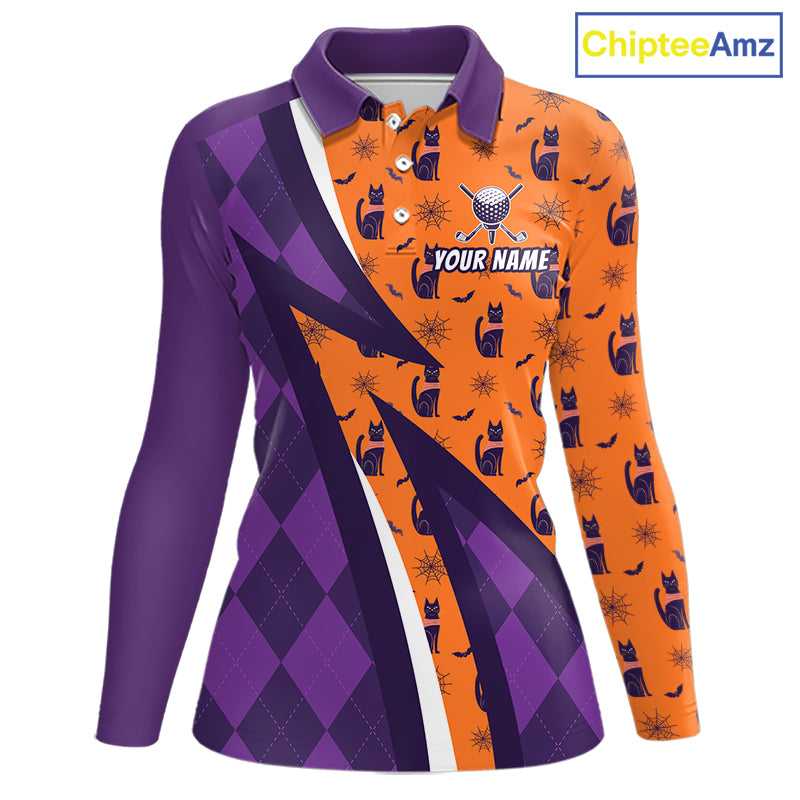Womens Cat Halloween Golf Polo Shirts Custom Name Purple Argyle Pattern Golf Team Attire NYN4230