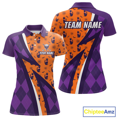 Womens Cat Halloween Golf Polo Shirts Custom Name Purple Argyle Pattern Golf Team Attire NYN4230