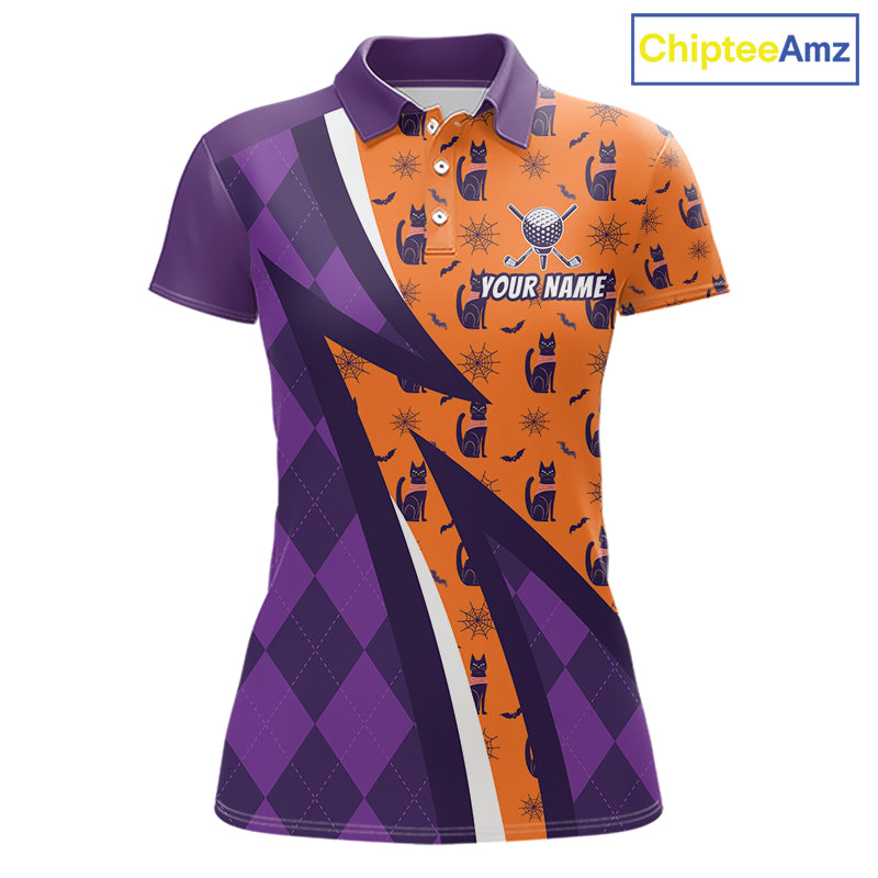 Womens Cat Halloween Golf Polo Shirts Custom Name Purple Argyle Pattern Golf Team Attire NYN4230