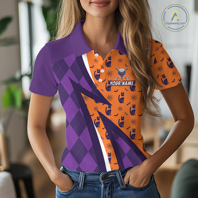 Womens Cat Halloween Golf Polo Shirts Custom Name Purple Argyle Pattern Golf Team Attire NYN4230