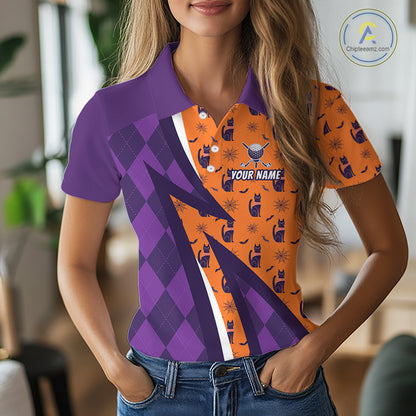 Womens Cat Halloween Golf Polo Shirts Custom Name Purple Argyle Pattern Golf Team Attire NYN4230