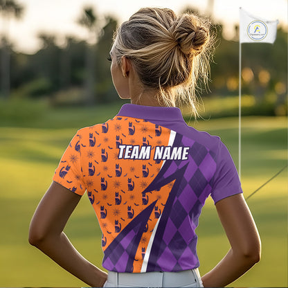 Womens Cat Halloween Golf Polo Shirts Custom Name Purple Argyle Pattern Golf Team Attire NYN4230