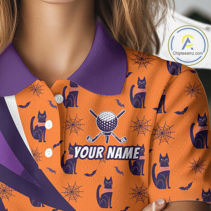 Womens Cat Halloween Golf Polo Shirts Custom Name Purple Argyle Pattern Golf Team Attire NYN4230