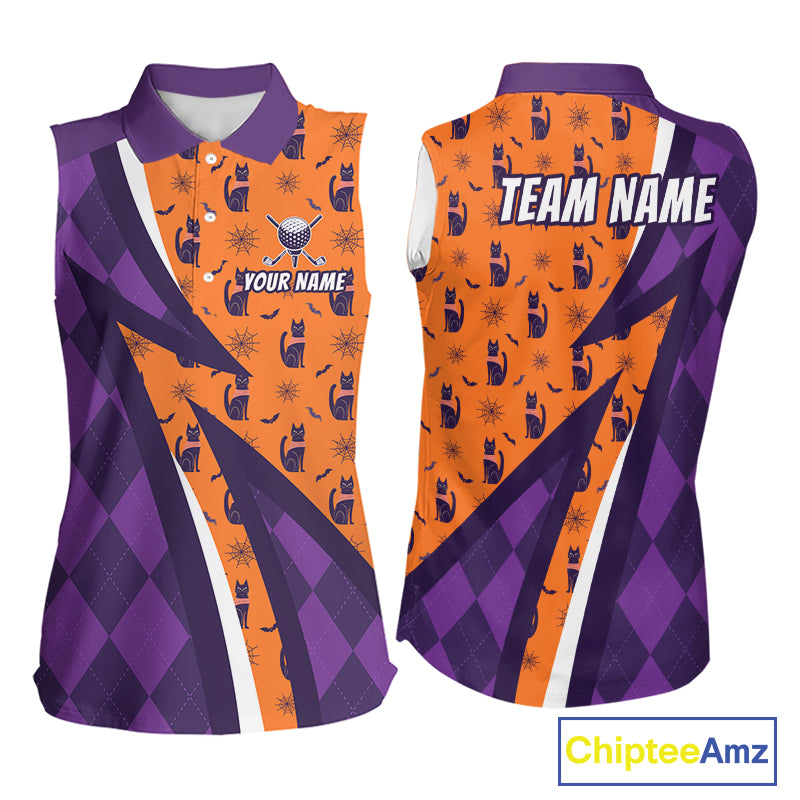 Womens Cat Halloween Golf Sleeveless Polo Shirts Custom Name Purple Argyle Pattern Golf Team Attire NYN4230