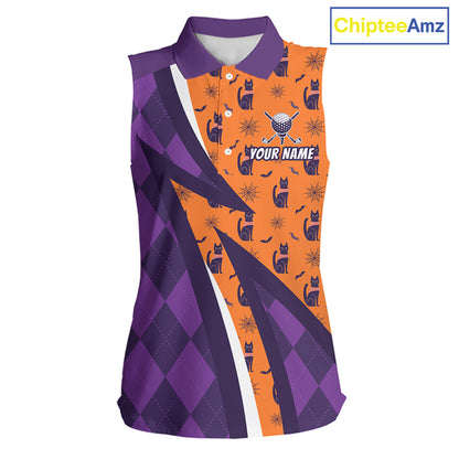 Womens Cat Halloween Golf Sleeveless Polo Shirts Custom Name Purple Argyle Pattern Golf Team Attire NYN4230