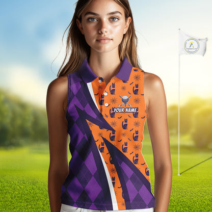 Womens Cat Halloween Golf Sleeveless Polo Shirts Custom Name Purple Argyle Pattern Golf Team Attire NYN4230