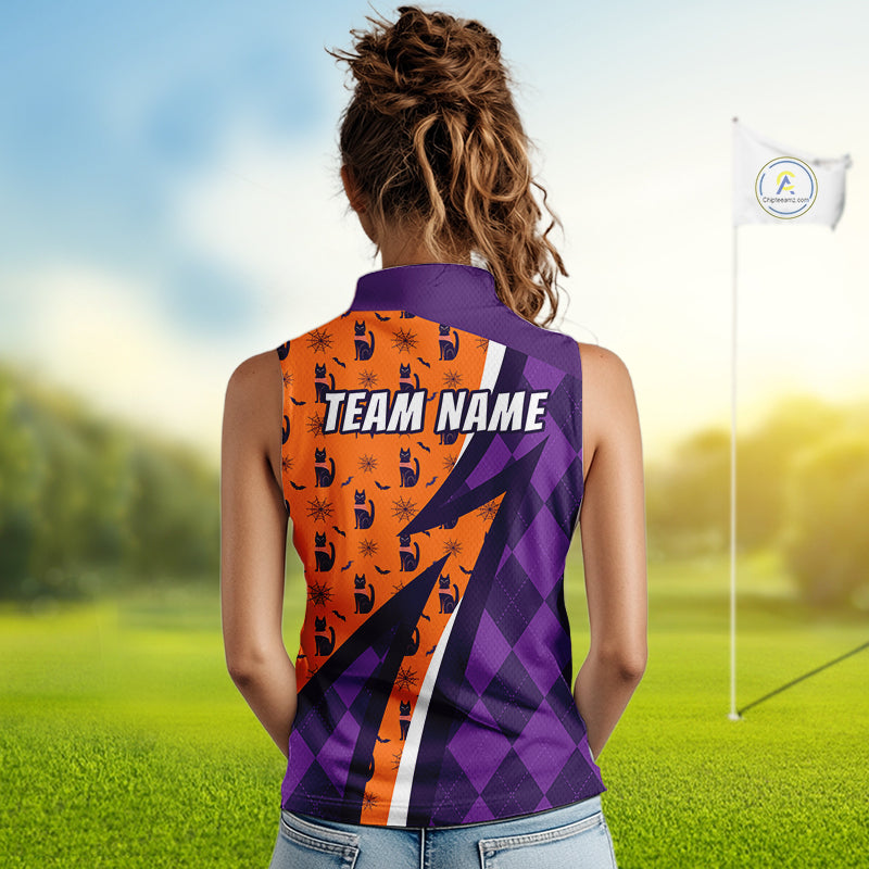 Womens Cat Halloween Golf Sleeveless Polo Shirts Custom Name Purple Argyle Pattern Golf Team Attire NYN4230