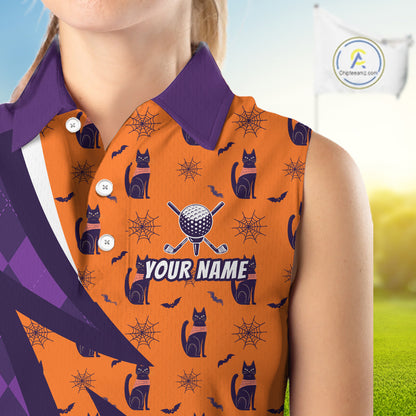 Womens Cat Halloween Golf Sleeveless Polo Shirts Custom Name Purple Argyle Pattern Golf Team Attire NYN4230