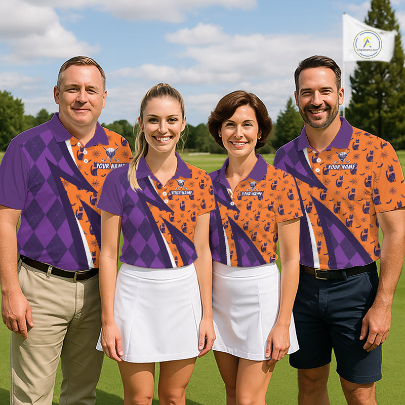 Mens Cat Halloween Golf Polo Shirts Custom Name Purple Argyle Pattern Golf Team Attire NYN4230