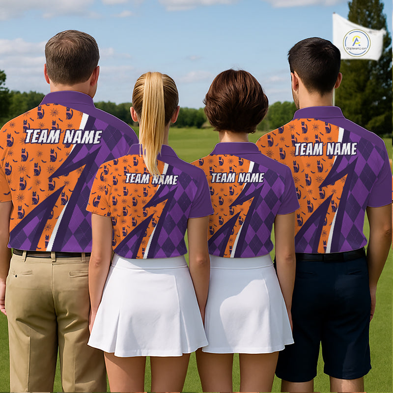 Mens Cat Halloween Golf Polo Shirts Custom Name Purple Argyle Pattern Golf Team Attire NYN4230