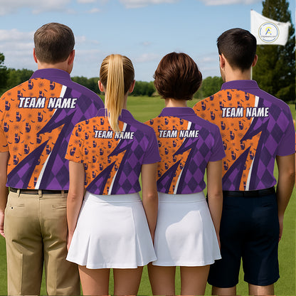 Mens Cat Halloween Golf Polo Shirts Custom Name Purple Argyle Pattern Golf Team Attire NYN4230