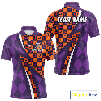 Mens Halloween Golf Polo Shirts Custom Name Orange & Purple Argyle Pattern Golf Team Attire NYN4231