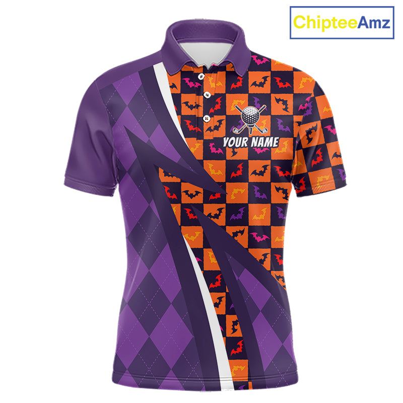 Mens Halloween Golf Polo Shirts Custom Name Orange & Purple Argyle Pattern Golf Team Attire NYN4231