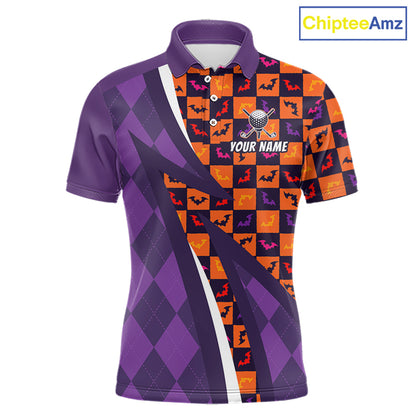 Mens Halloween Golf Polo Shirts Custom Name Orange & Purple Argyle Pattern Golf Team Attire NYN4231