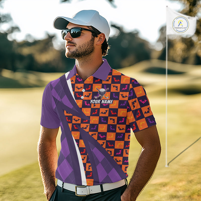 Mens Halloween Golf Polo Shirts Custom Name Orange & Purple Argyle Pattern Golf Team Attire NYN4231