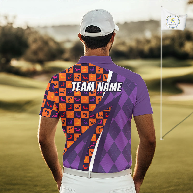 Mens Halloween Golf Polo Shirts Custom Name Orange & Purple Argyle Pattern Golf Team Attire NYN4231