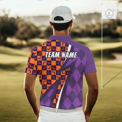 Mens Halloween Golf Polo Shirts Custom Name Orange & Purple Argyle Pattern Golf Team Attire NYN4231