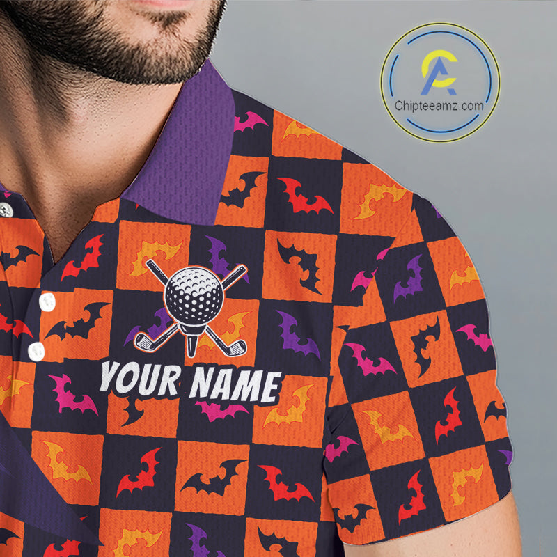 Mens Halloween Golf Polo Shirts Custom Name Orange & Purple Argyle Pattern Golf Team Attire NYN4231