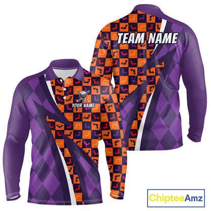 Mens Halloween Golf Polo Shirts Custom Name Orange & Purple Argyle Pattern Golf Team Attire NYN4231