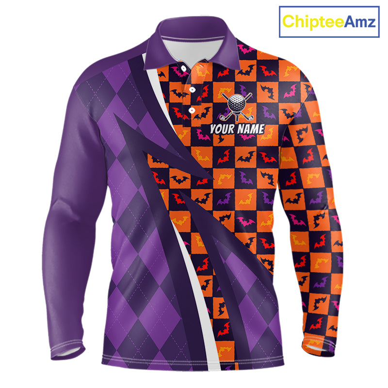Mens Halloween Golf Polo Shirts Custom Name Orange & Purple Argyle Pattern Golf Team Attire NYN4231