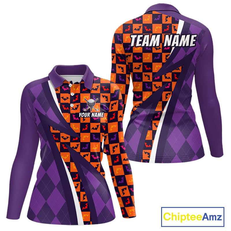 Womens Halloween Golf Polo Shirts Custom Name Orange & Purple Argyle Pattern Golf Team Attire NYN4231