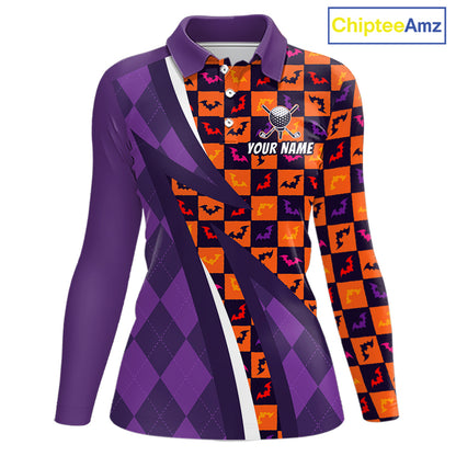 Womens Halloween Golf Polo Shirts Custom Name Orange & Purple Argyle Pattern Golf Team Attire NYN4231
