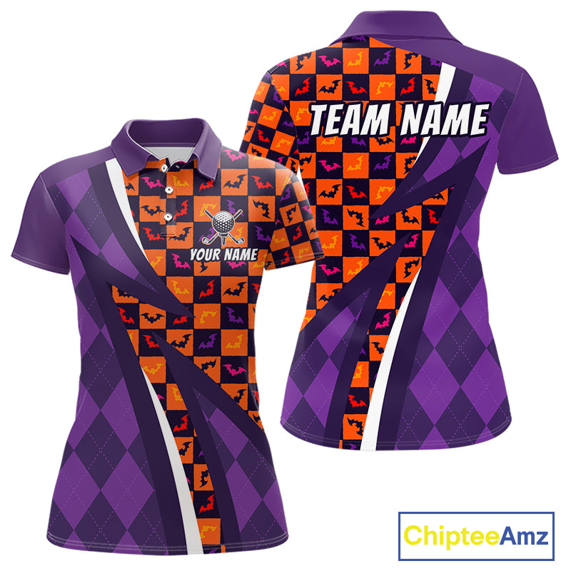 Womens Halloween Golf Polo Shirts Custom Name Orange & Purple Argyle Pattern Golf Team Attire NYN4231