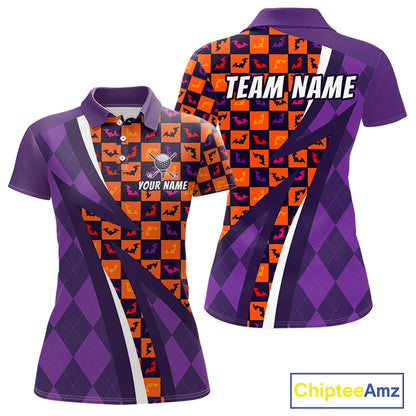 Womens Halloween Golf Polo Shirts Custom Name Orange & Purple Argyle Pattern Golf Team Attire NYN4231