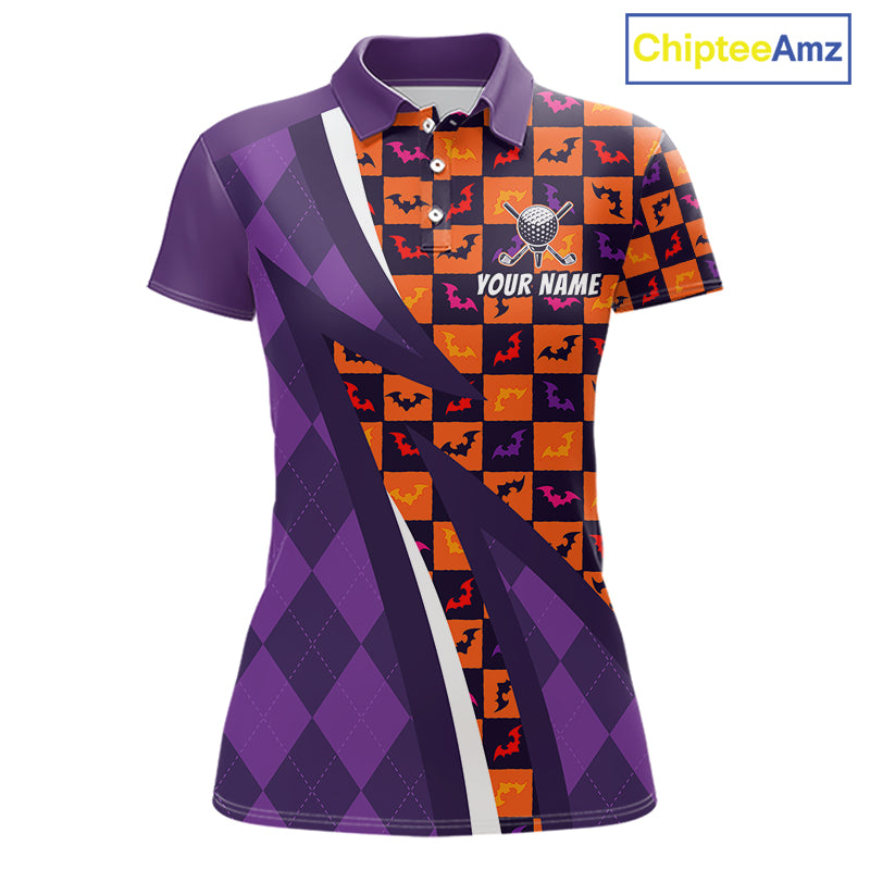 Womens Halloween Golf Polo Shirts Custom Name Orange & Purple Argyle Pattern Golf Team Attire NYN4231